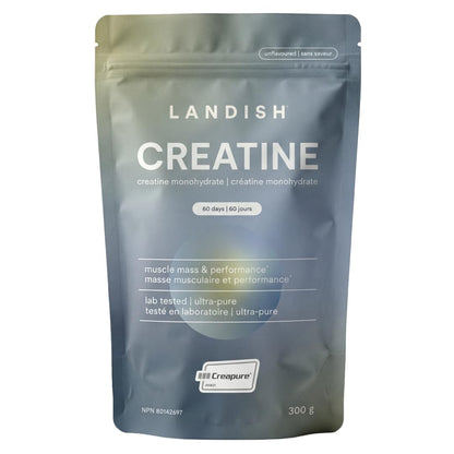Landish Creatine Monohydrate Powder – Creapure®, German-Made Micronized Creatine – Canadian Brand – Increases Muscle Mass & Improves Strength – For Women & Men – Vegan –Unflavoured – 300 g (60 Servings) - Available at All In One Marketplace Canada