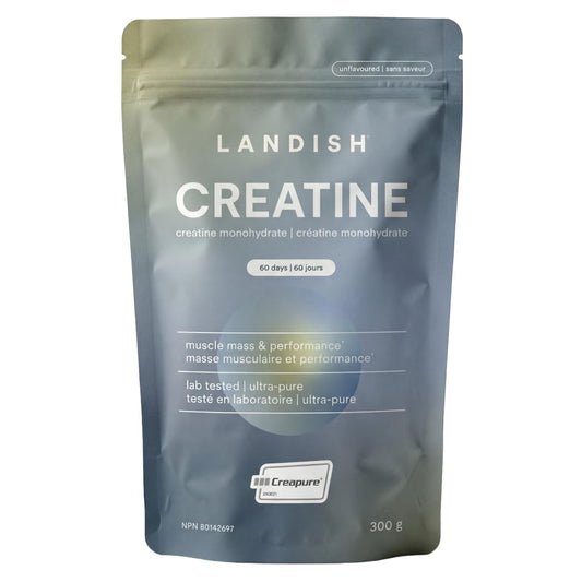 Landish Creatine Monohydrate Powder – Creapure®, German-Made Micronized Creatine – Canadian Brand – Increases Muscle Mass & Improves Strength – For Women & Men – Vegan –Unflavoured – 300 g (60 Servings) - Available at All In One Marketplace Canada