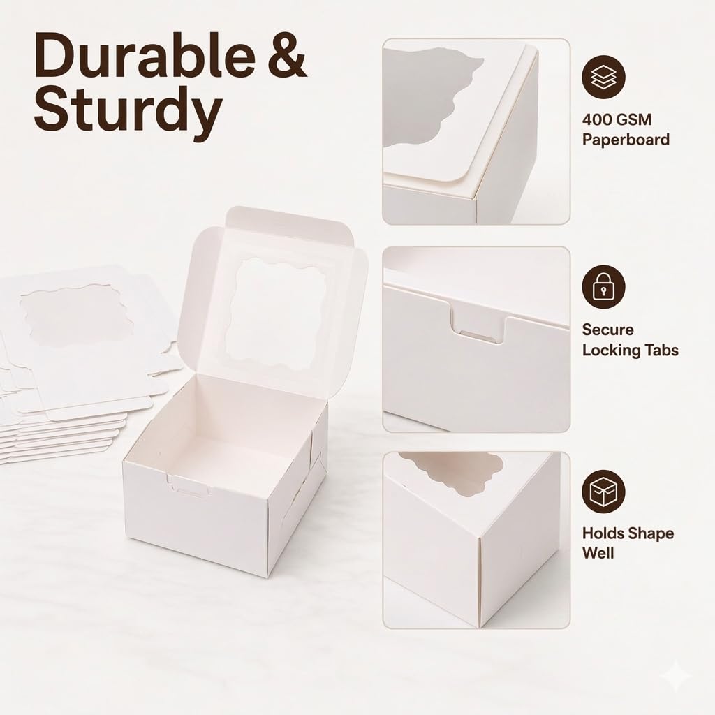 50 Pcs White Bakery Boxes with Window, 6x6x3 inches Cookie Boxes with Stickers Macaroon Boxes Small Treat Boxes Mini Cake Boxes for Dessert, Pastry, Sturdy Take Out Container for Party Wedding Favor 🍁 All In One Marketplace Canada