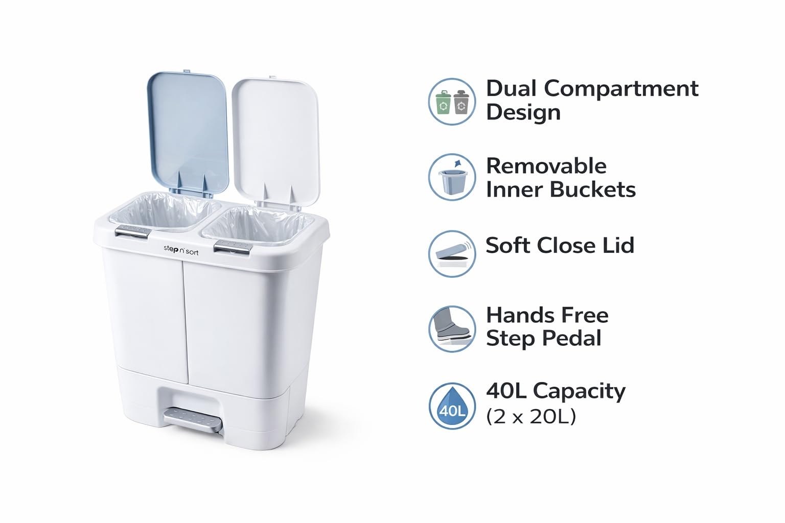 Step N’ Sort 40L Dual Compartment Recycling Bin – Slim Kitchen Waste & Recycling System (2 × 20L) Step N' Sort