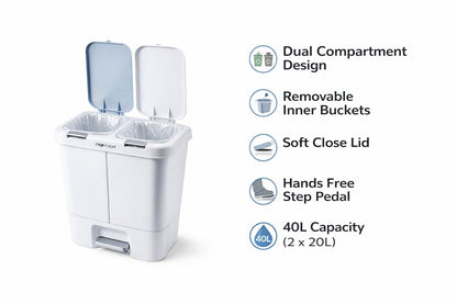 Step N’ Sort 40L Dual Compartment Recycling Bin – Slim Kitchen Waste & Recycling System (2 × 20L) Step N' Sort
