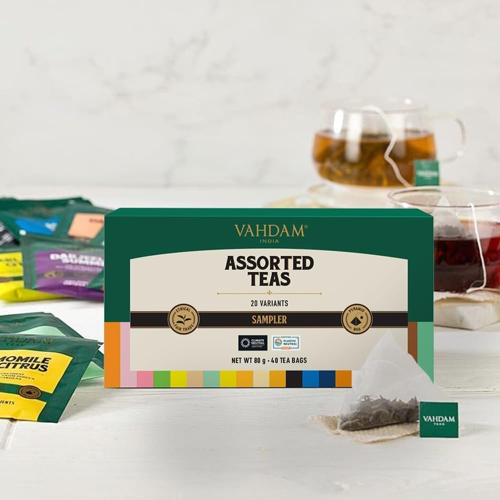 VAHDAM Assorted Tea Sampler - 20 Flavors in 40 Pyramid Teabags | Premium Long Leaf Tea Gift Set