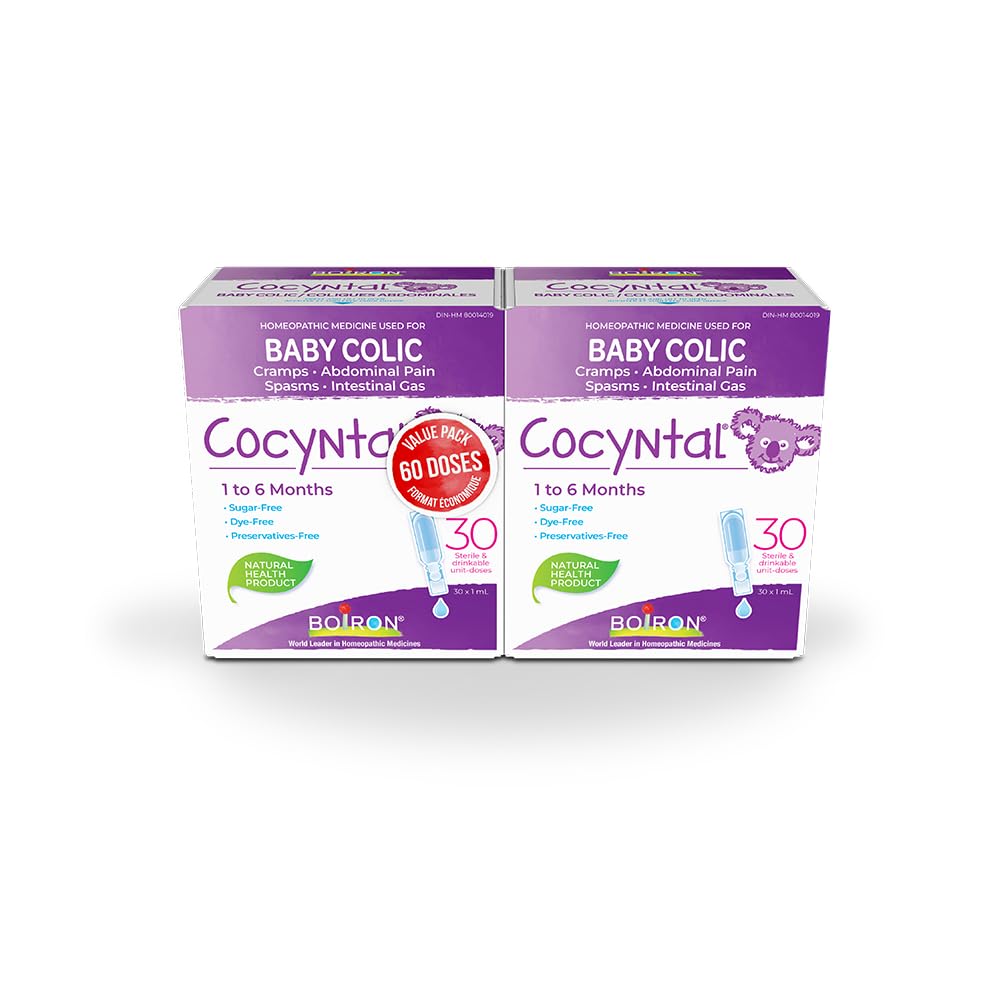 Boiron Cocyntal 60 drinkable unit-doses (Twin Pack) used for infant colic: abdominal pain, cramps, spasms and intestinal gas. Age: 1 to 6 months. Day and Night use. Boiron