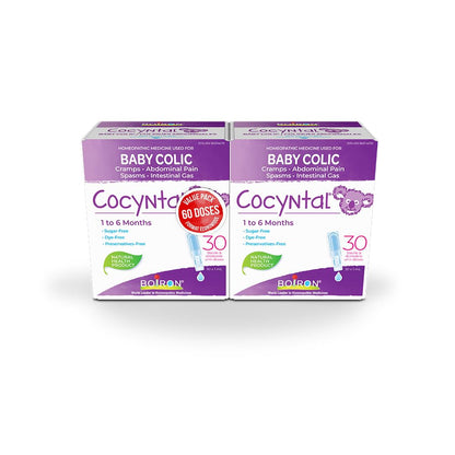 Boiron Cocyntal 60 drinkable unit-doses (Twin Pack) used for infant colic: abdominal pain, cramps, spasms and intestinal gas. Age: 1 to 6 months. Day and Night use. Boiron