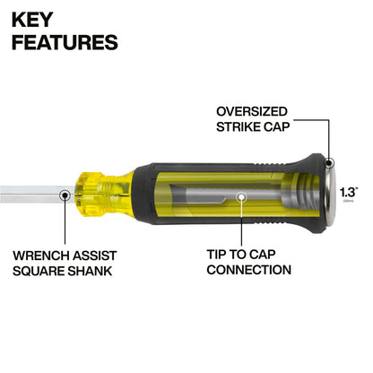 Klein Tools 6007DD 5/16-Inch Keystone Demolition Screwdriver, 7-Inch Blade, Steel Tip-to-Cap Construction Demo Screwdriver, Cushion-Grip Handle, Oversized Strike Cap, Square Shank with Wrench Assist