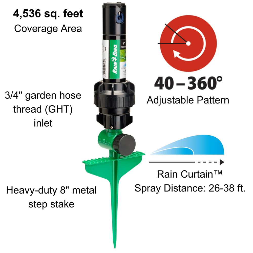 Rain Bird 42SASPG 42SA Gear Drive Rotor Sprinkler on Heavy Duty Green Spike, Adjustable 40° - 360° Pattern, 26' - 38' Spray Distance Rain Bird
