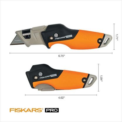 Fiskars Pro Retractable Folding Utility Knife, Box Cutter with Long-Lasting CarbonMax Razor Blade and Dual Lock Safety, Orange/Black Fiskars