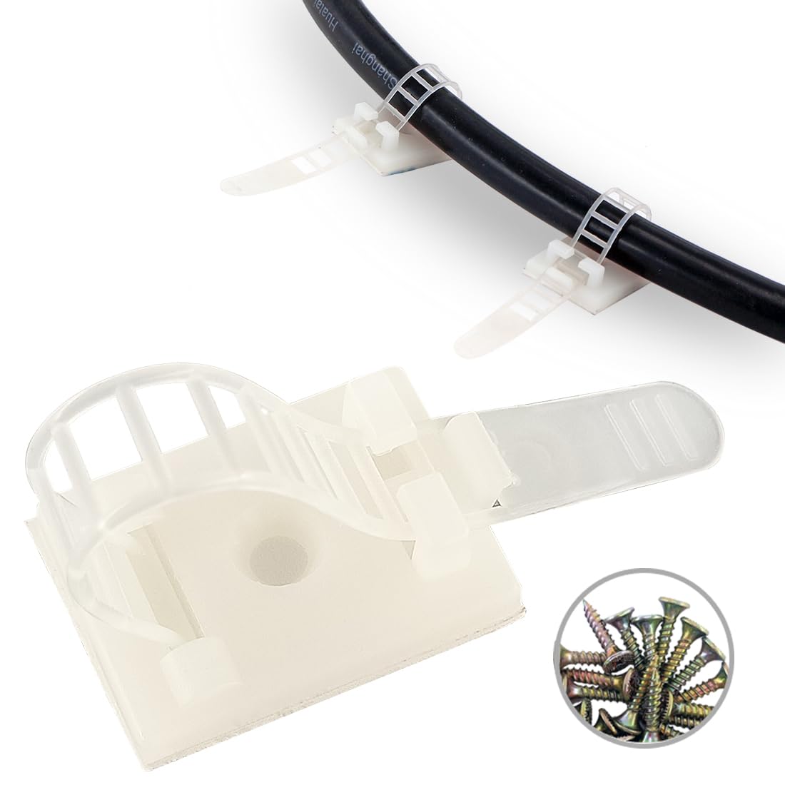 HS Wire Management Clips Clear (Yellowish) with Screw Hole (50 Pack) Adjustable Zip Ties 3 Inch with 3M Adhesive Tape,Adhesive Clips for Christmas Lights,Desk,Wall to Hold Extension Cord 🍁 All In One Marketplace Canada