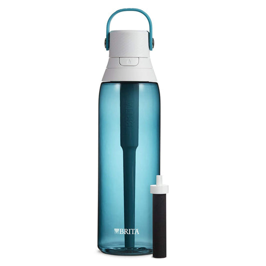 Brita Filtering Water Bottle with Straw, BPA-Free Water Bottle for Sports, Travel or Hiking, Easy-carry loop, Leak-proof lid, 26 Oz, Sea Glass