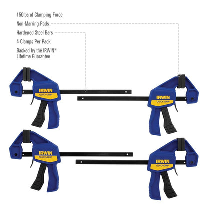 IRWIN QUICK-GRIP Clamps, One-Handed, Mini Bar, 6-Inch, 4-Pack (1964758) - Available at All In One Marketplace Canada