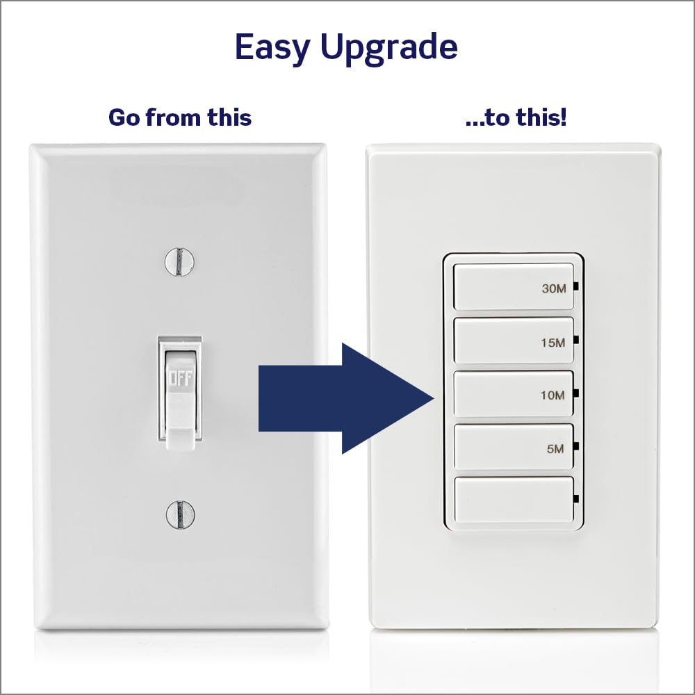 Leviton Countdown Timer Switch, 5-10-15-30 min, No Neutral Required, Single Pole, 15A, 1/2HP/9.8A Fan/Motor, DT130-1LW, White 🍁 All In One Marketplace Canada