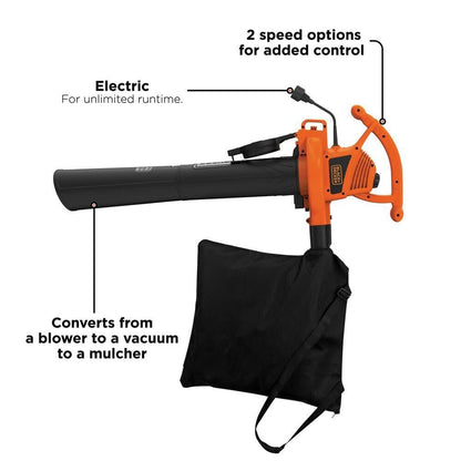 BLACK+DECKER 3-in-1 Electric Leaf Blower, Leaf Vacuum, Mulcher, 12-Amp (BV3100)