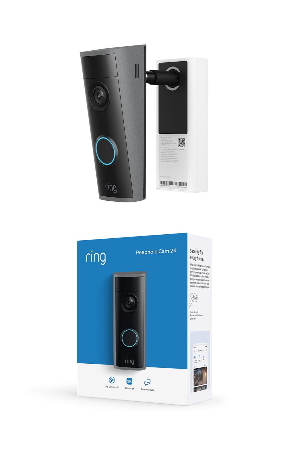 Ring Peephole Cam 2K (Newest Model), replaces physical peephole viewing with Retinal 2K and wide-angle video, renter-friendly installation, Speckled Gray