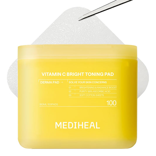 MEDIHEAL Vitamin C Brightening Toner Pads – Korean Skincare, 99% Pure Encapsulated Vitamin C with Sea Buckthorn & Glutathione, Dark Spots, Uneven Skin Tone Care, Gauze Fabric, 100 Pads