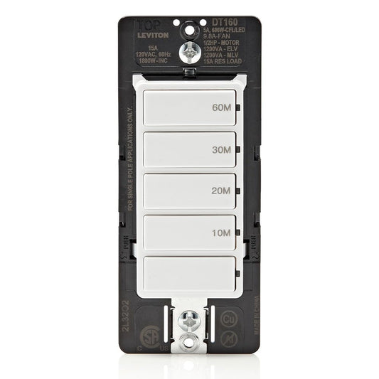 Leviton Countdown Timer Switch, 10-20-30-60 min, No Neutral Required, Single Pole, 15 Amp, DT160-1LW, White 🍁 All In One Marketplace Canada Leviton