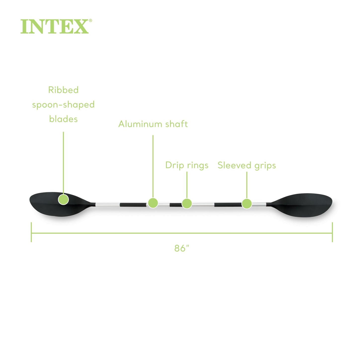 INTEX 69629E 86" Kayak Paddle: Ribbed Spoon Shaped Blades – Durable Lightweight Aluminum Shaft – Comfortable Grips – 3-Position Feather Adjustability – TUV RL Approved