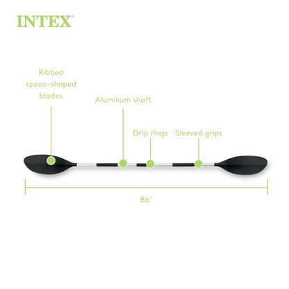 INTEX 69629E 86" Kayak Paddle: Ribbed Spoon Shaped Blades – Durable Lightweight Aluminum Shaft – Comfortable Grips – 3-Position Feather Adjustability – TUV RL Approved
