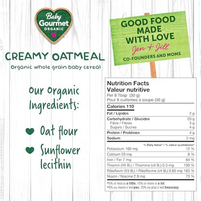 Baby Gourmet Organic Creamy Oatmeal Cereal, Stage 1, 6-Pack (227g Each) | Clean Label Certified | Made in Canada | Iron-Fortified, Sugar-Free, Organic