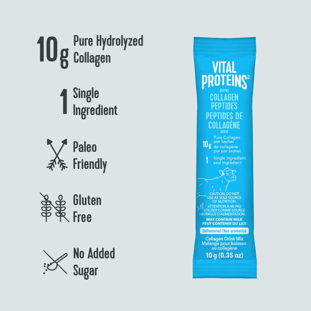 VITAL PROTEINS Bovine Collagen Peptides Powder, Single-serve Stick Packs, Unflavoured, Odourless, Gluten-free, No Added Sugar, Paleo-friendly, Non-GMO, No Artificial Flavours Or Colours, 200 g - Available at All In One Marketplace Canada