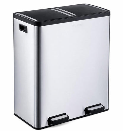 The Step N' Sort 18.5 Gallon Extra Large Capacity, Soft-Step, Dual Trash and Recycling Bin with Removable Inner Bins. Silver Step N' Sort