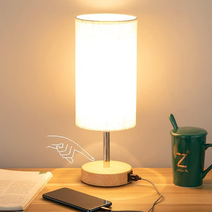 Yarra-Decor Bedside Table Lamp with USB Port - Touch Control for Bedroom Wood 3 Way Dimmable Nightstand Lamp with Round Flaxen Fabric Shade for Living Room, Dorm, Home Office (LED Bulb Included) - Available at All In One Marketplace Canada