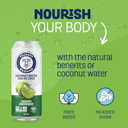 Thirsty Buddha Coconut Water – Natural Electrolytes & Nutrients, No Added Sugar, 12-Pack (12 × 490ml Cans)