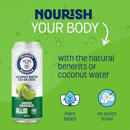 Thirsty Buddha Coconut Water – Natural Electrolytes & Nutrients, No Added Sugar, 12-Pack (12 × 490ml Cans)