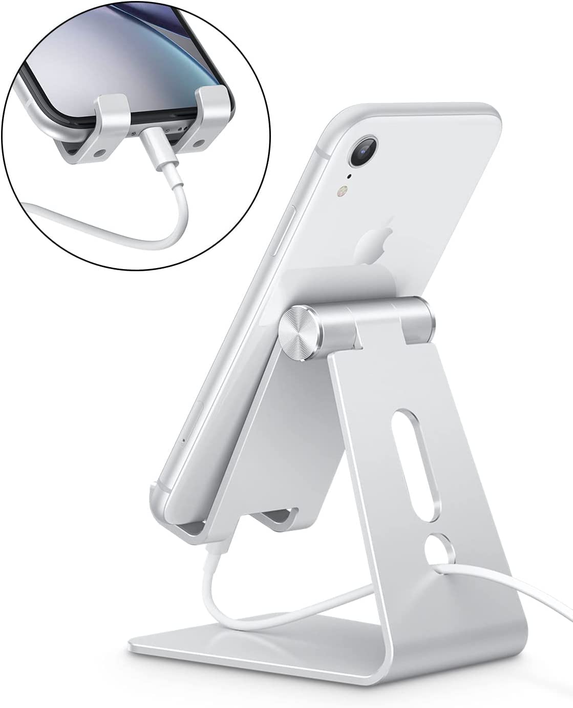 Adjustable Cell Phone Stand, OMOTON C2 Aluminum Desktop Phone Holder Dock Compatible with iPhone 17/16/15/14 Pro Max/Pro/Air and Other Smart Phones, Silver