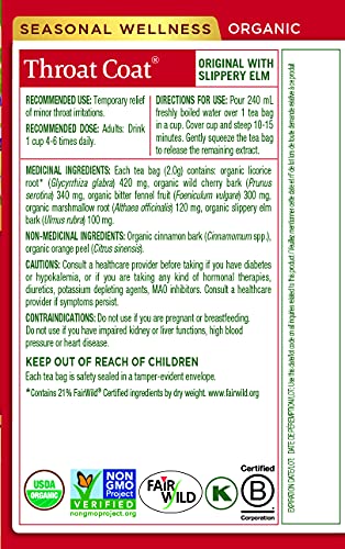Traditional Medicinals Organic Throat Coat Herbal Tea - 6 Pack (96 Tea Bags) - Soothing Blend for Throat Comfort
