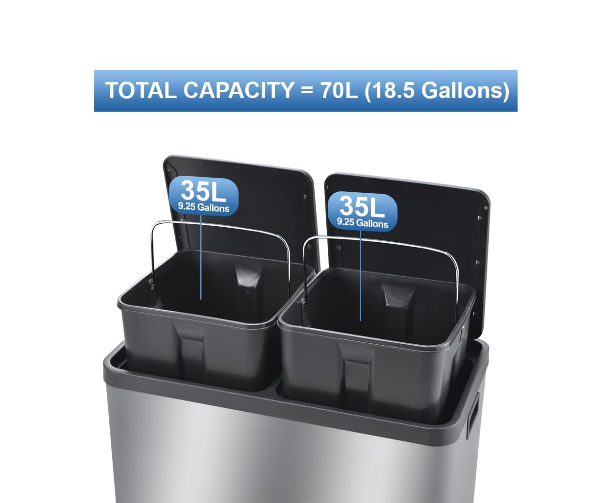The Step N' Sort 18.5 Gallon Extra Large Capacity, Soft-Step, Dual Trash and Recycling Bin with Removable Inner Bins. Silver Step N' Sort