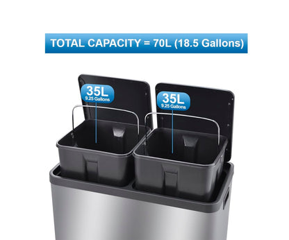 The Step N' Sort 18.5 Gallon Extra Large Capacity, Soft-Step, Dual Trash and Recycling Bin with Removable Inner Bins. Silver Step N' Sort