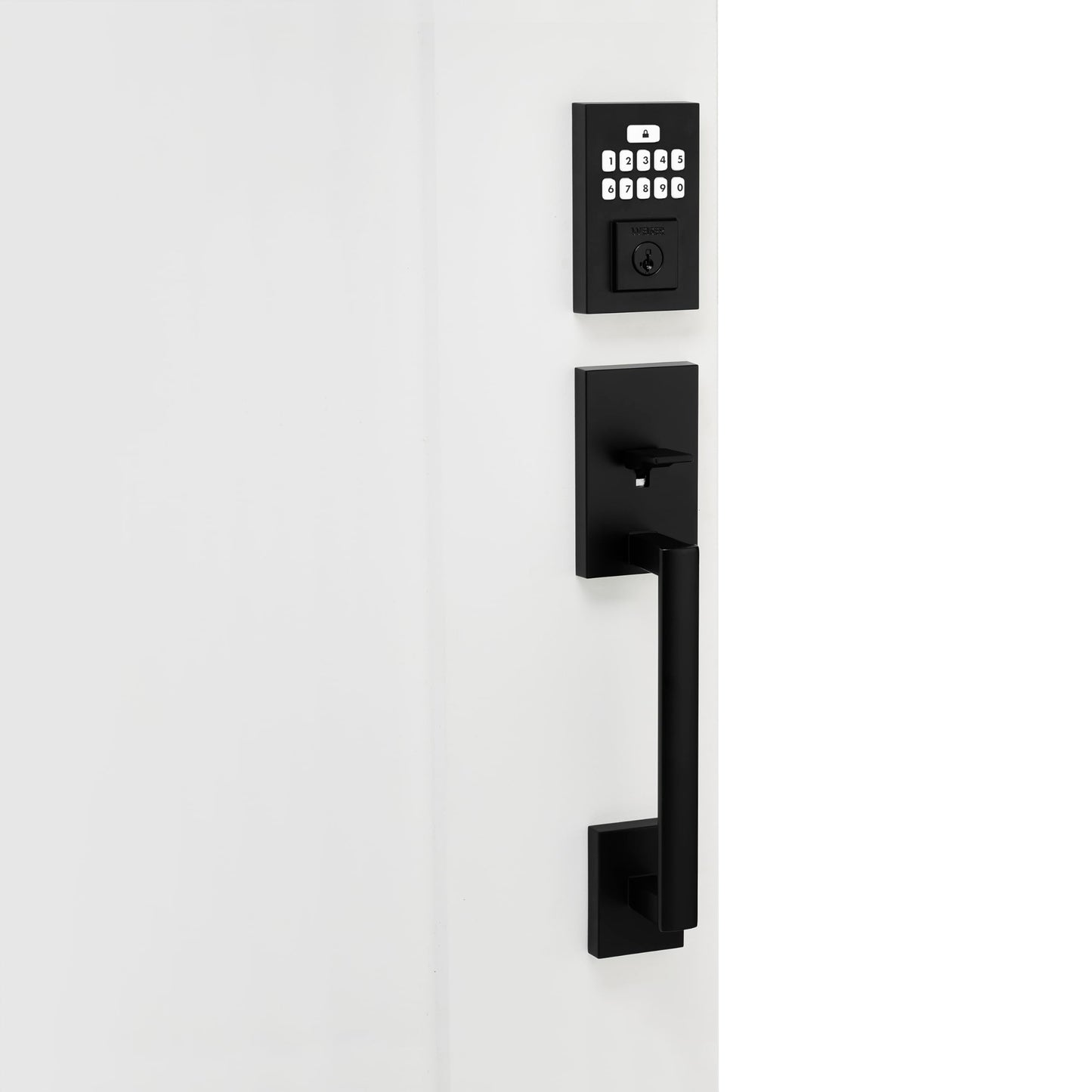 Weiser Matte Black Front Door Lock and Handle Set, SmartCode Keypad Door Lock with San Clemente Handleset & Halifax Interior Door Handle, Keyless Entry Door Lock, Front Door Handles with Deadbolt Lock Weiser