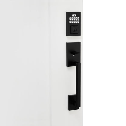 Weiser Matte Black Front Door Lock and Handle Set, SmartCode Keypad Door Lock with San Clemente Handleset & Halifax Interior Door Handle, Keyless Entry Door Lock, Front Door Handles with Deadbolt Lock Weiser