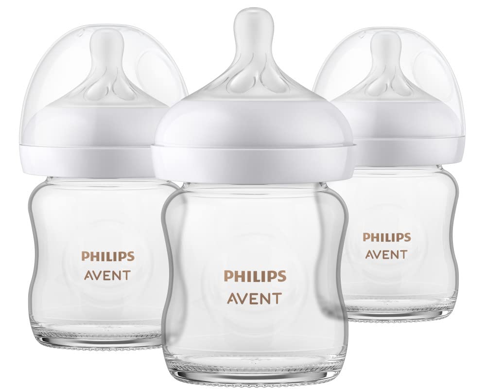 Philips Avent Natural Glass Baby Bottles with Natural Response Nipples (Slow Flow, Flow 2), 4oz, 3-pack, SCY910/03
