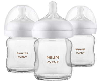 Philips Avent Natural Glass Baby Bottles with Natural Response Nipples (Slow Flow, Flow 2), 4oz, 3-pack, SCY910/03