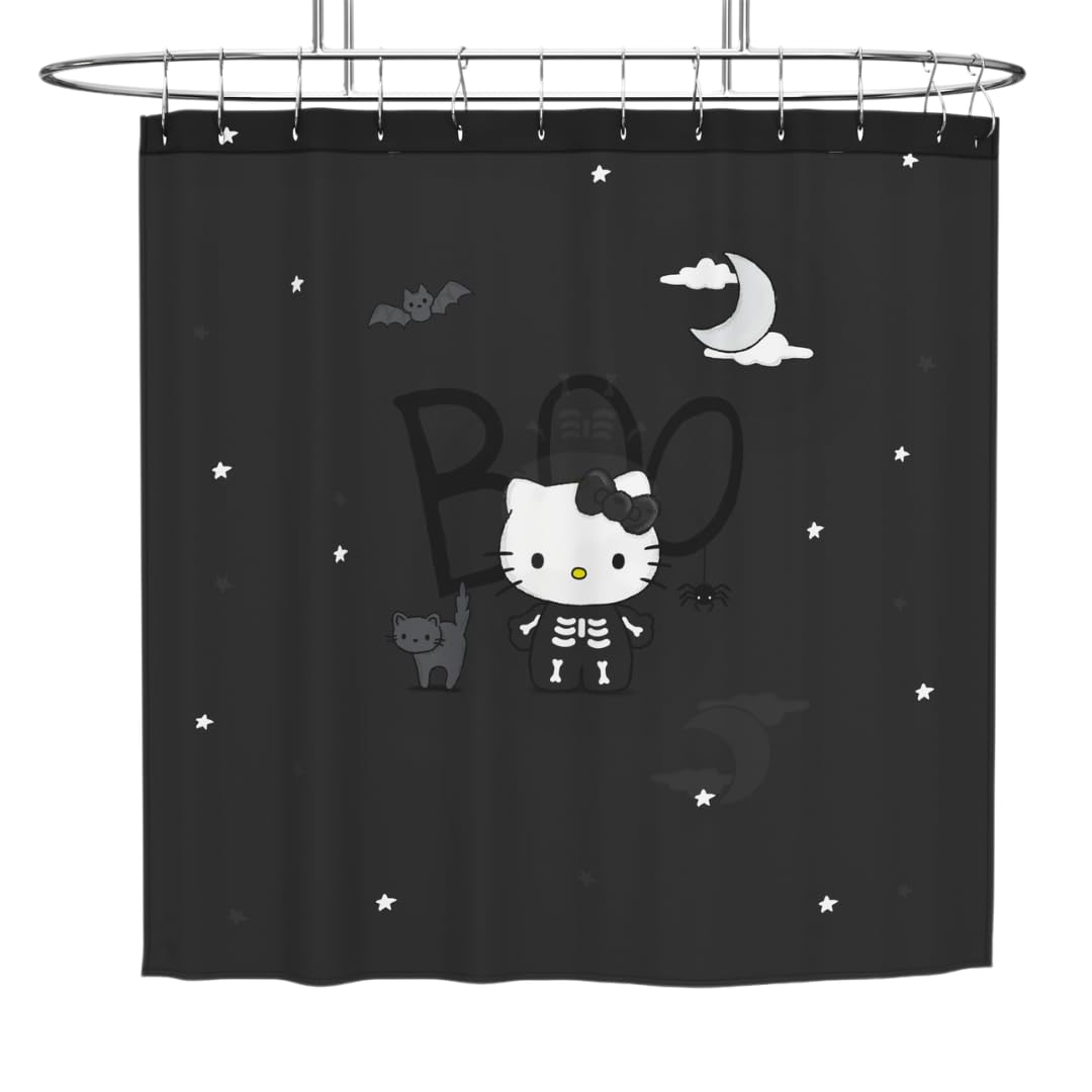 Ensemble de rideau de douche Hello Kitty squelette d'Halloween Sanrio de 13 pièces, rideau en tissu de 183 x 183 cm avec crochets, décoration de salle de bain, lavable en machine (produit sous licence officielle à 100 %) par Franco Collectibles