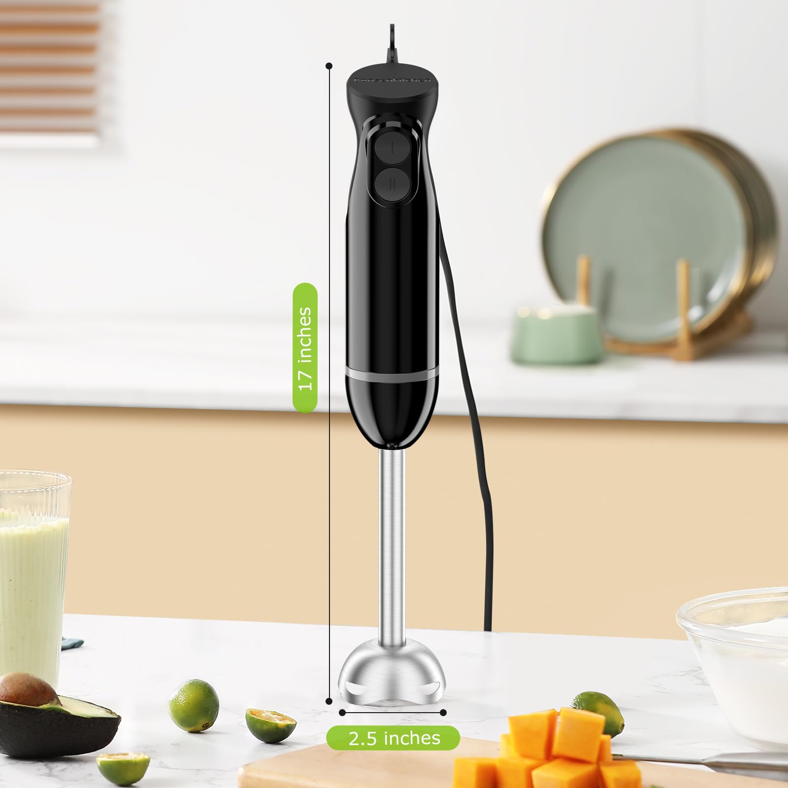 Bonsenkitchen Hand Blender, Immersion Blender with 2 Mixing Speed, Electric Handheld Blender Portable Stick Mixer with Stainless Steel Blades for Soup, Smoothie, Puree, Baby Food - Available at All In One Marketplace Canada