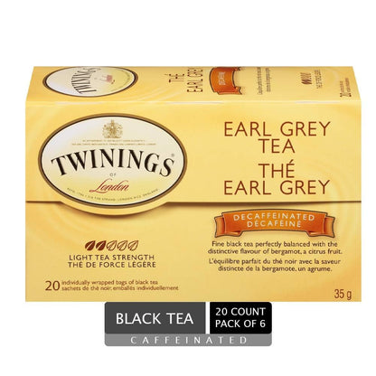 Twinings Decaf Earl Grey Individually Wrapped Teabags, Naturally Caffeine-Free, Black Tea Enhanced with Bergamot Citrus, 20 Count (Pack of 6), Enjoy Hot or Iced