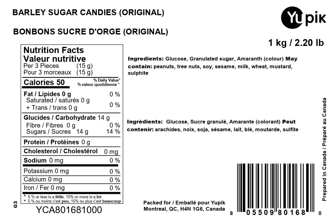 Yupik Original Barley Sugar Candies, 1 kg, 6 Count, Individually Wrapped Bright Red Hard Candies, Fat-Free, Low-Calorie, Perfect for Snacking, Gifting, & Halloween Treats