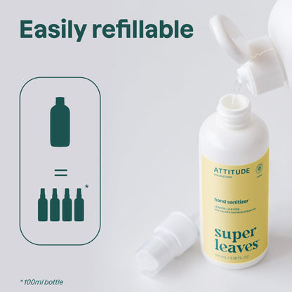 ATTITUDE Hand Sanitizer Refill, EWG Verified, Kills Germs & Bacteria, Vegan & Plant-Based, Safe for Adults & Kids, Lemon Leaves Scent, 473 mL