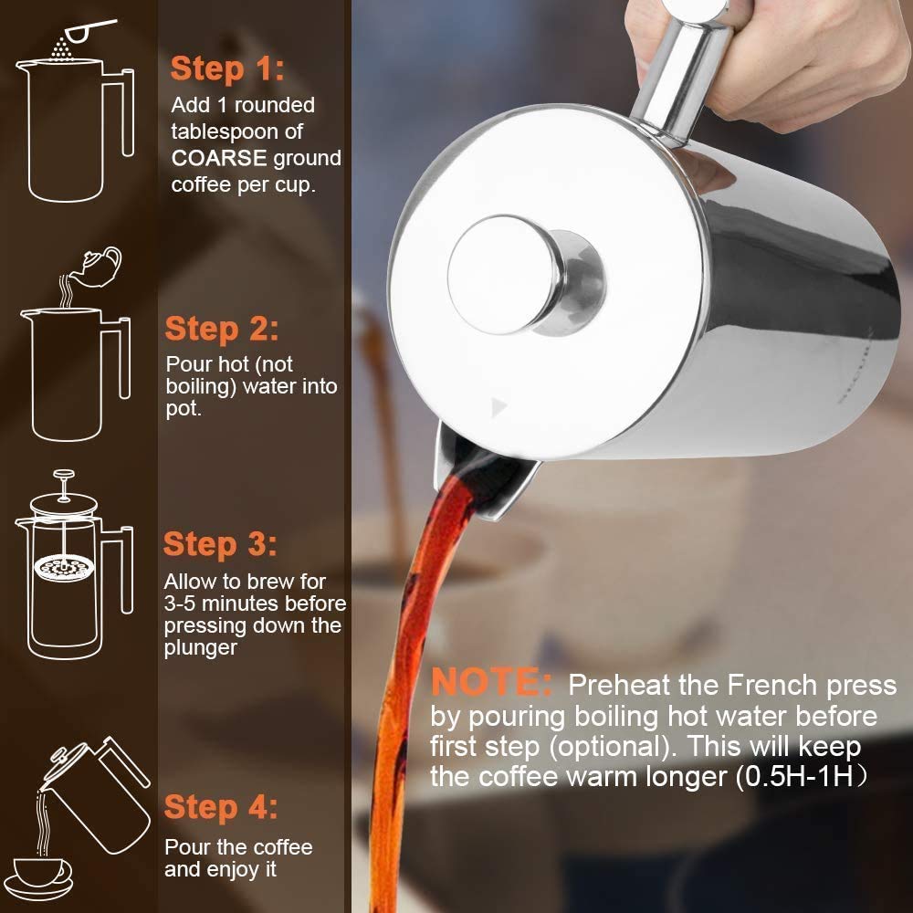 Secura French Press Coffee Maker, 304 Grade Stainless Steel Insulated Coffee Press with 2 Extra Screens, 34oz (1 Litre), Silver - Available at All In One Marketplace Canada