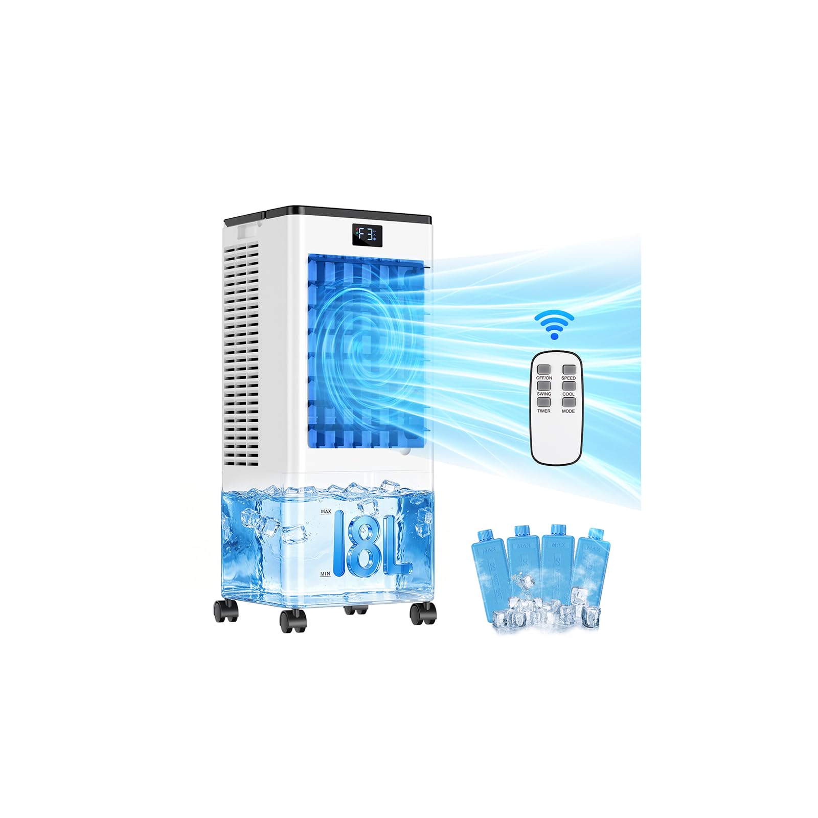 Portable Air Conditioners, Evaporative Air Cooler with Remote & LED Display, 120° Oscillation, 12H Timer, 3 Speeds & 4 Modes, 60W Energy-Efficient, Windowless Swamp Cooler for Bedroom Office Garage - Available at All In One Marketplace Canada