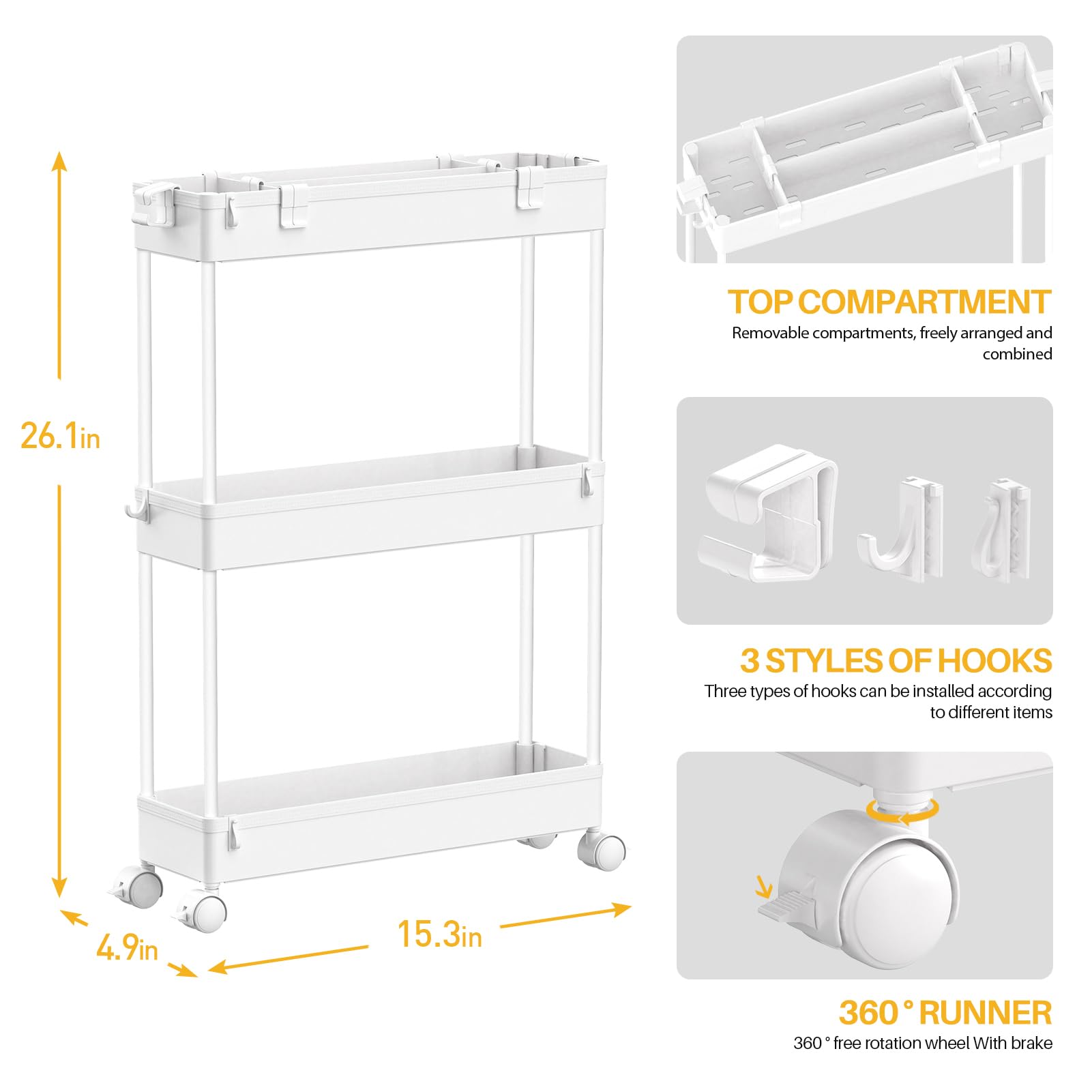 SPACELEAD Slim Storage Cart,3 Tier Bathroom Rolling Utility Cart Storage Organizer Slide Out Cart, Mobile Shelving Unit Organizer Trolley for Office Bathroom Kitchen Laundry Room Narrow Places, White - Available at All In One Marketplace Canada