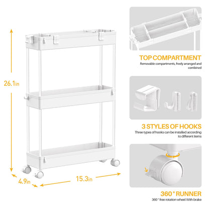 SPACELEAD Slim Storage Cart,3 Tier Bathroom Rolling Utility Cart Storage Organizer Slide Out Cart, Mobile Shelving Unit Organizer Trolley for Office Bathroom Kitchen Laundry Room Narrow Places, White - Available at All In One Marketplace Canada