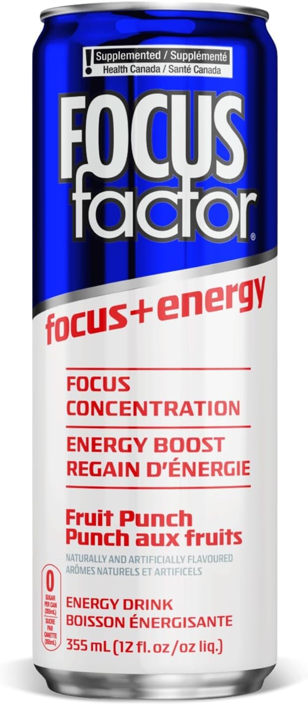 Focus Factor Energy Drink - Fruit Punch - 12 Pack (355ml Cans) | Sugar-Free, B-Vitamin Enhanced