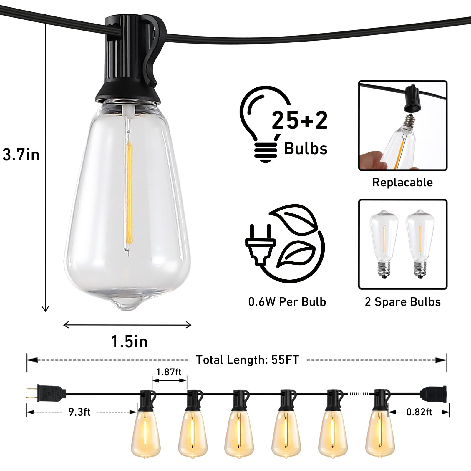 55FT Outdoor String Lights with 27 Shatterproof LED Edison Bulbs (2 Spares), Waterproof ST38 Patio Lights Dimmable, Connectable Hanging Outdoor Lights for House Backyard Garden, 2700K