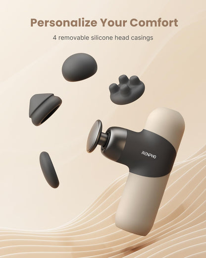 RENPHO Mini Thermal Massage Gun with Heat, Fathers Day Present, Portable Fashion Massager Gun, Color Silicone Sleeves, 4 Intensities, 4 Heads, Travel Size with Carry Case Grey - Available at All In One Marketplace Canada