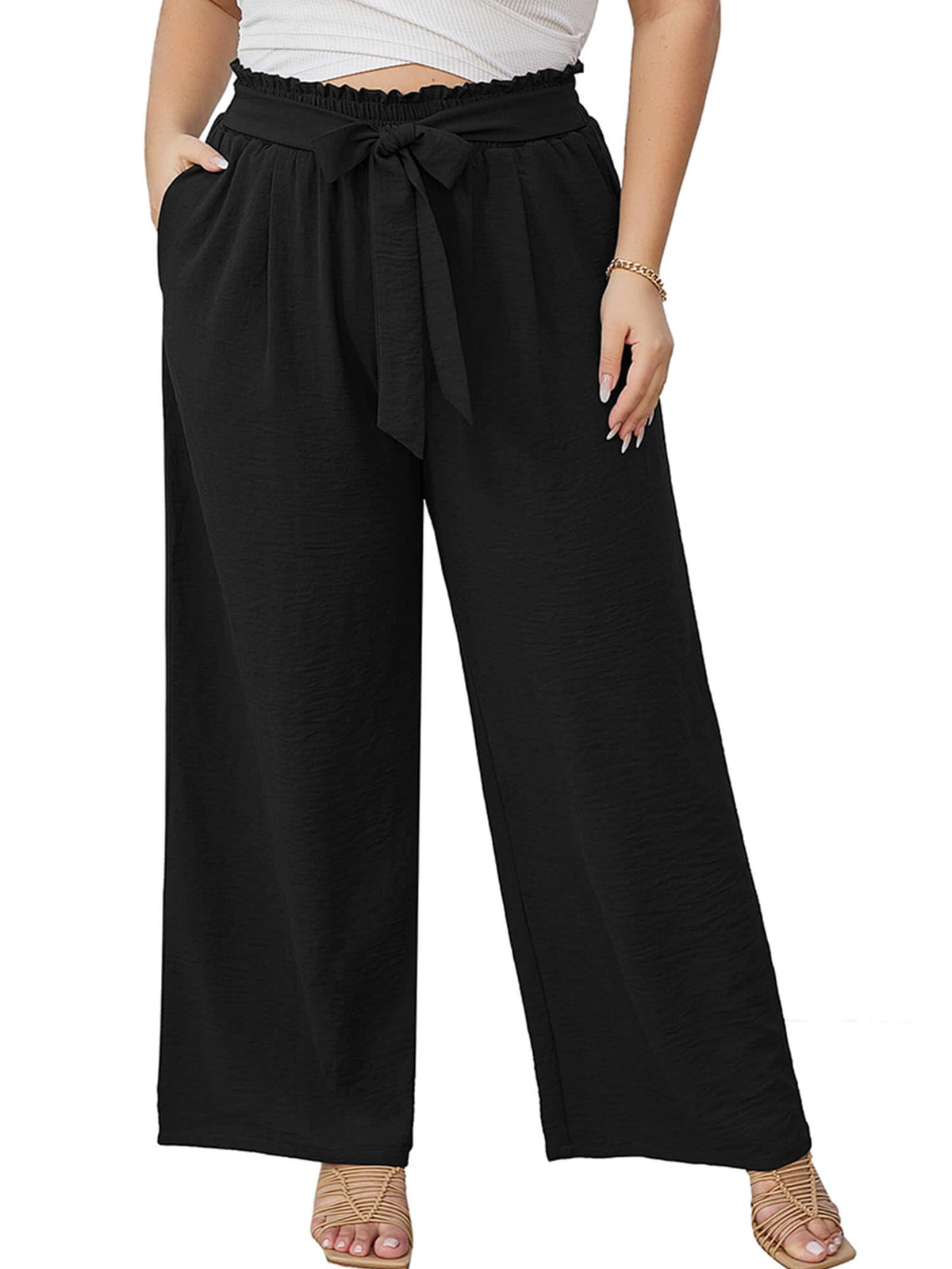 AusLook Plus Size Wide Leg Pants for Women High Waisted Lightweiht Palazzo Black 2X Pants Adjustable Tie Knot Paperbag Dressy Loose Comfy Business Casual Work Flowy Holiday Trousers with Pockets 🍁 All In One Marketplace Canada