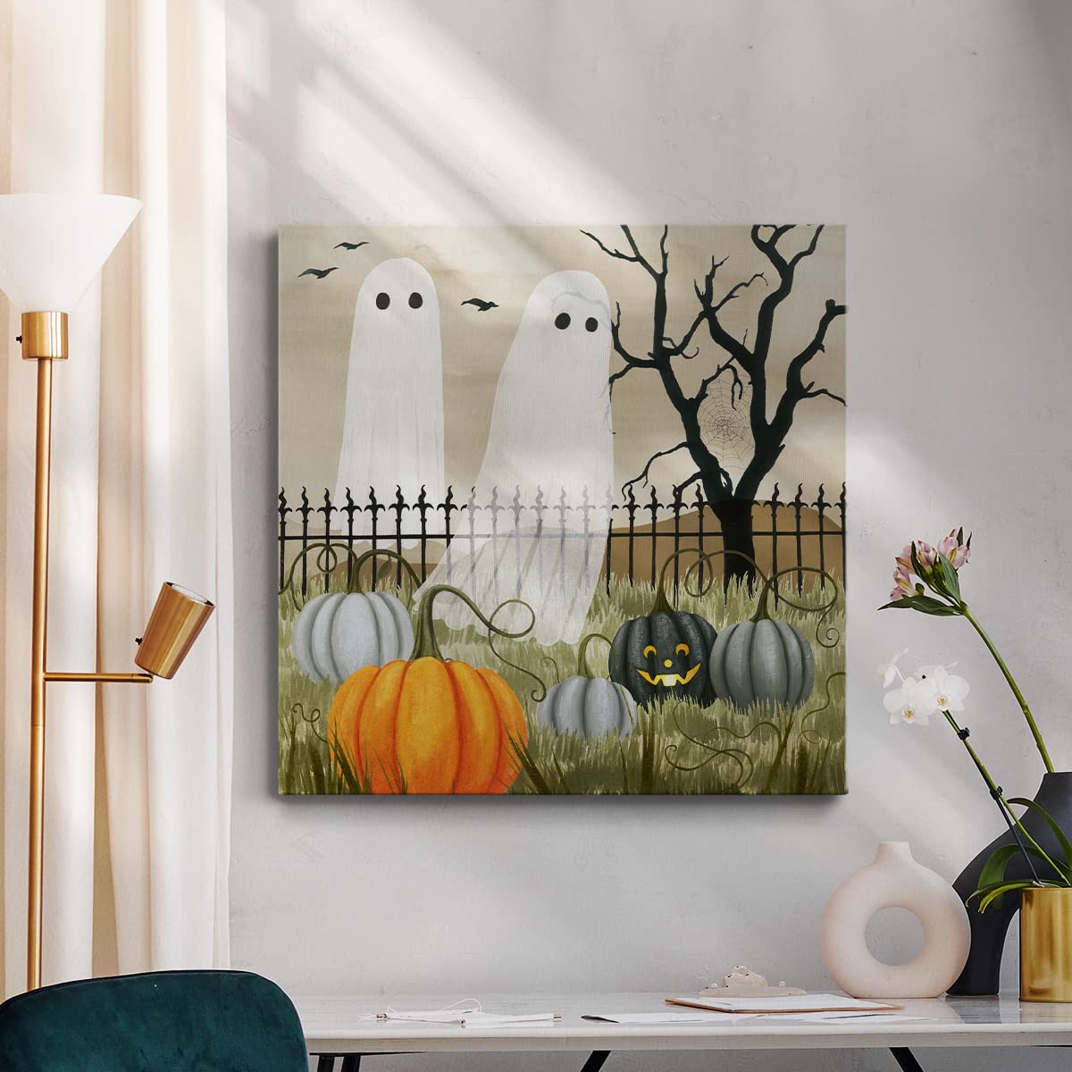 Renditions Gallery Toile d'art moderne pour décoration de bureau, tableau mural avec citrouille d'Halloween, décoration murale en bois de qualité supérieure pour salon, cuisine - 81 cm x 81 cm LT508