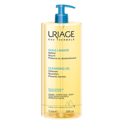 Uriage Cleansing Soothing Oil - Face & Body Daily Cleanser & Shower Oil With Glycerin & Ceramides - Whole Family Format, Babies, Children & Adults - Sensitive Skin - Soap-Free, Fragrance-Free - 1L Uriage